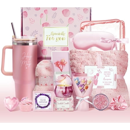 15Pcs Birthday Gifts for Women, Relaxing Spa Basket with Luxury Flannel Blanket and 40 oz Tumbler - Care Package for Her, Mom, Wife, Friends - Valentine's, Mother's Day, Christmas Birthday Gifts