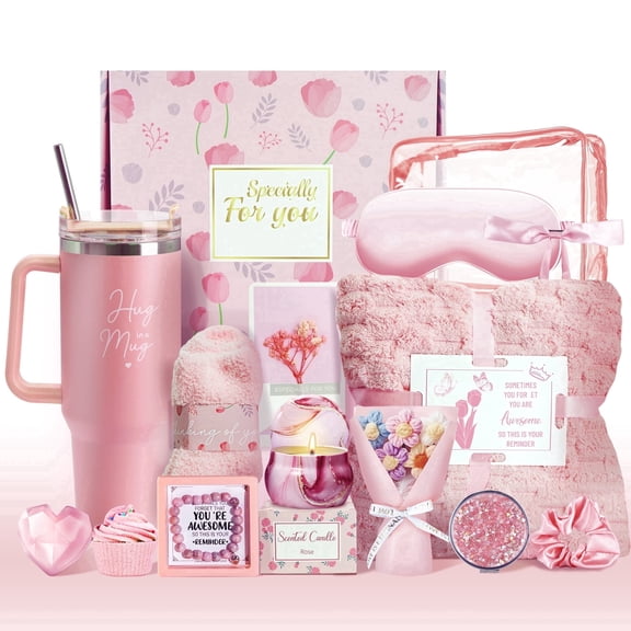 15Pcs Birthday Gifts for Women, Relaxing Spa Basket with Luxury Flannel Blanket and 40 oz Tumbler - Care Package for Her, Mom, Wife, Friends - Valentine's, Mother's Day