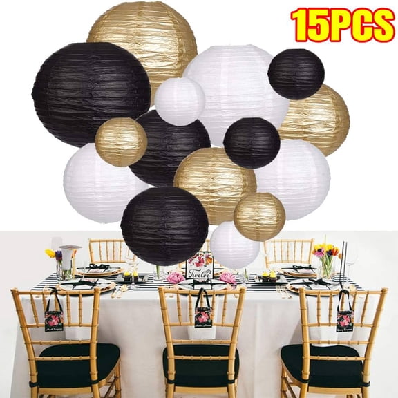 15PCS Black Gold White Hanging Paper Lanterns,Round Paper Lanterns for Birthday, Wedding, Party, Home Ceiling Decoration