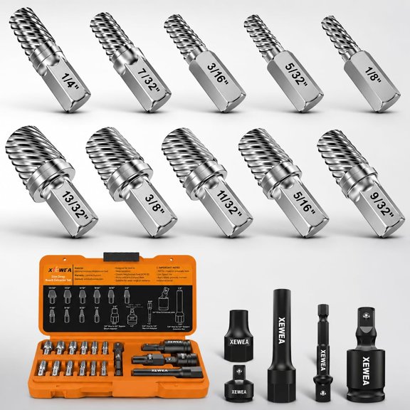 15PCS Bolt Screw Extractor Set, Upgrade Long Slim CR-MO Multi Spline Easy Out remover Tool Kit, 1/4" Hex Reach Design for Tight & Deep Spaces, Removes Stripped, Broken, Rusted, Rounded Studs