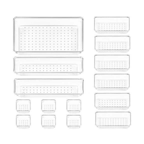 15PCS Clear Plastic Drawer Organizer Set 4-Size Versatile Bathroom and Vanity Drawer Organizer Trays Storage Bins
