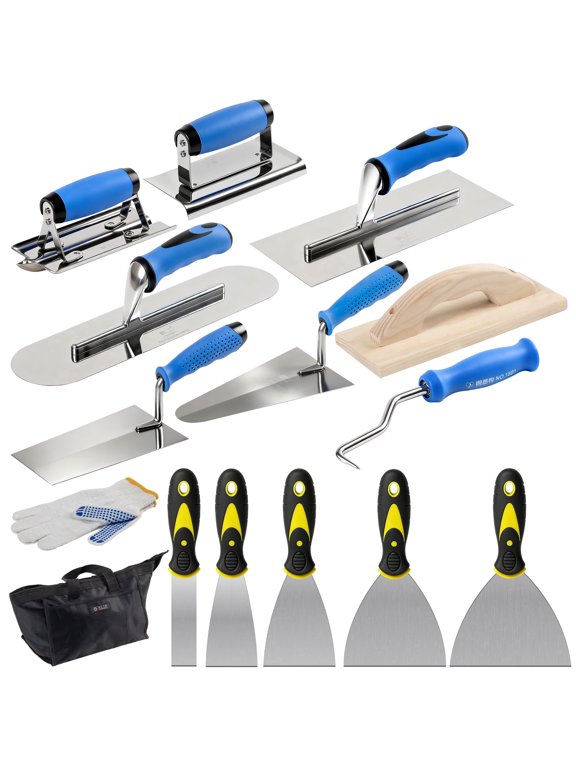 15PCS Concrete Trowel Set - Masonry Hand Tool Set Kit Including Flat Finishing and Pool Trowel, Wood Float, Concrete Groover & Edger, Margin Gauging, Wire Twister, Putty Knives, Gloves & Carry Bag