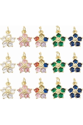 15PCS Cubic Zirconia Flower Charms Gold Plated Floral Metal Pendants Bling Birtnstone Petal Charms with Jump O Rings