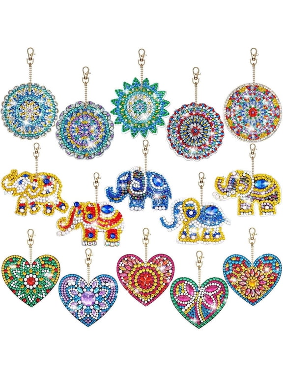 15PCS Diamond Art Keychains, DIY Handmade Double Sided Diamond Art Kits, Elephant Heart Mandala Mosaic Painting for Keychains Phone Straps Bag Decoration with Painting Tools