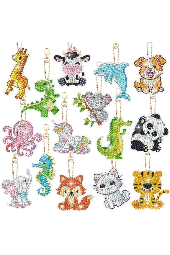 15PCS Diamond Painting Keychains Animal Diamond Art Ornaments, Dinosaur Panda...