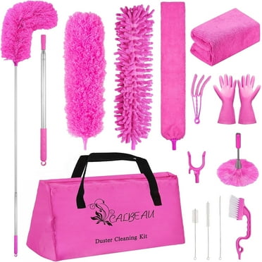 15PCS Duster Set for Cleaning, Extendable Air Dusters with 30-100" Extension Pole, Microfiber Washable Dusters for Ceiling Fans, Furniture, Cobwebs, Pink