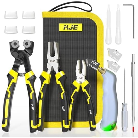 15PCS Glass Cutters Tools, 8" Wheeled Glass Tile Nippers, 8" Running Pliers, 6" Breaker Grozer Pliers, Oil Feed Glass Cutter Kit with 3 Size Cutter Head for Mosaic Cutting with Zipper Bag