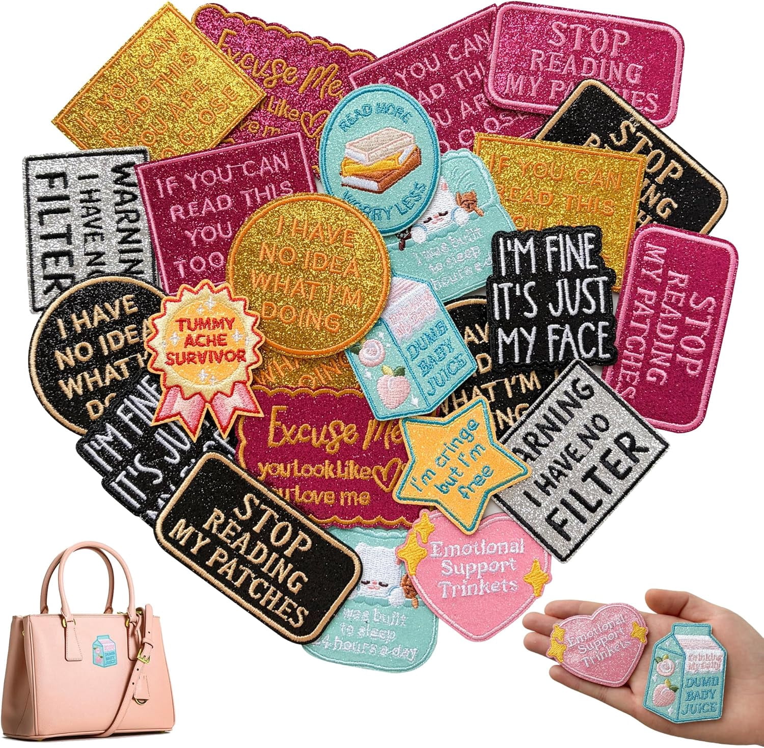 15PCS Glitter Phrase Iron on Patches, Funny Slogan Embroidered Colorful Shiny Heart Star Sew on Patch for Jackets Backpacks Clothing DIY Accessories