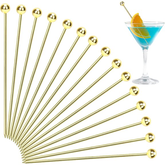 15PCS Gold Cocktail Picks for Drinks, Stainless Steel Fancy Cocktail Toothpicks, Reusable Metal Cocktail Skewers, 4.3 IN Party Garnish Sticks Martini Picks for Olives Appetizers Fruit Bloody Mary