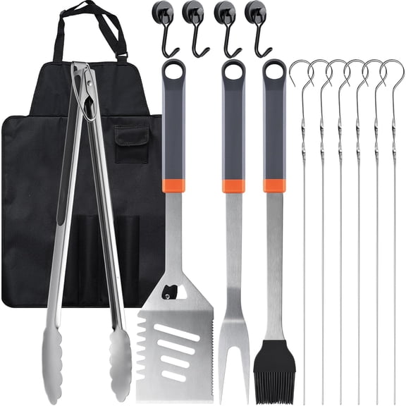 15PCS Grill Set, BBQ Grilling Accessories with Tongs Spatula Skewers, Stainless Steel Grill Utensils Set with Hooks & Apron Storage Bag for Outdoor Cooking, Camping, Practical Gifts for Men Dad