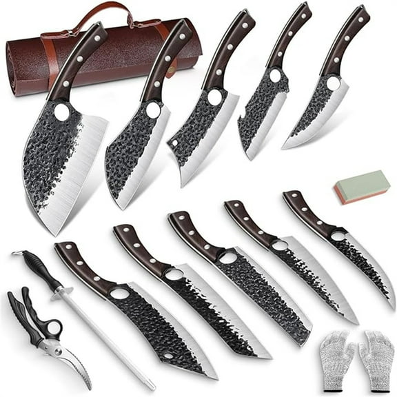 15PCS Hand Forged Serbian Chef Knife Set - Butcher/Meat Cutting/Chest Trimming Knife with Knife Bag, Professional Kitchen Tools & Perfect Gift for Dad