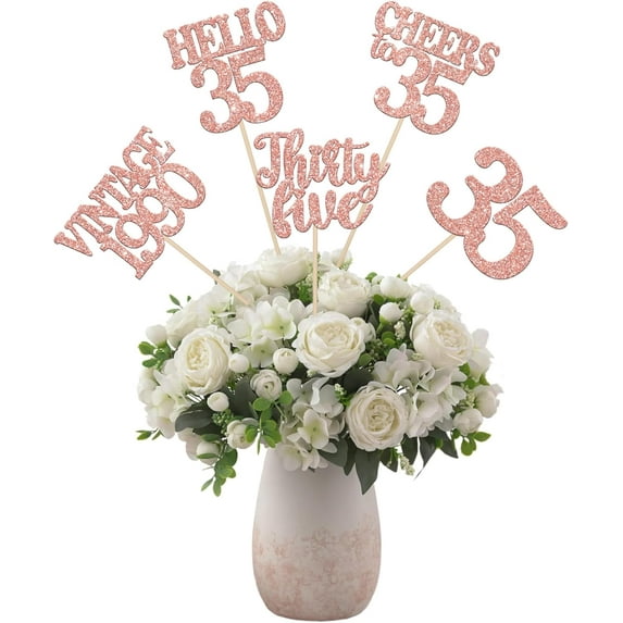15PCS Happy 35th Birthday Centerpiece Sticks Vintage 1990 Cheers to 35 Table Flower Centerpieces Sticks Thirty Five Hello 35 Floral Decoration for 35th Birthday Party Centerpieces Supplies Rose Gold