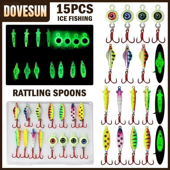 Glow Ice Fishing Spoons Kit 1/4oz 3/8oz Rattling Ice Fishing Jigs & Lures for Bass Crappie Walleye 15PCS