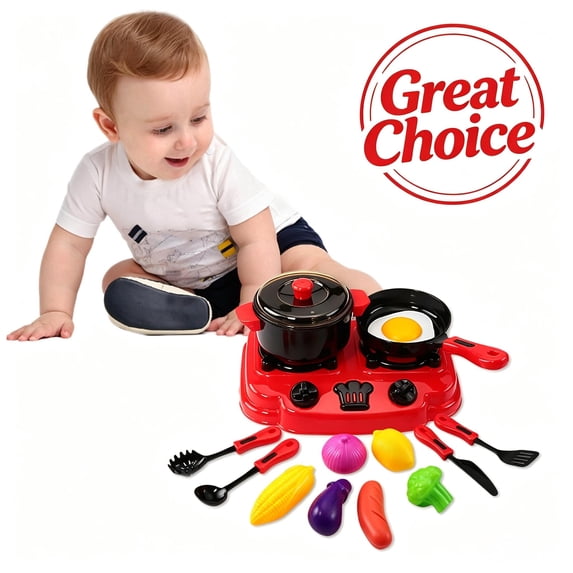 15PCS Kids Pretend Stove Kitchen Playset, Mini Double Burner Toy Cooktop, Plastic Little Chef Role Play Toy, Educational Birthday Holiday Gift for Toddler Boys Girls Ages 3+