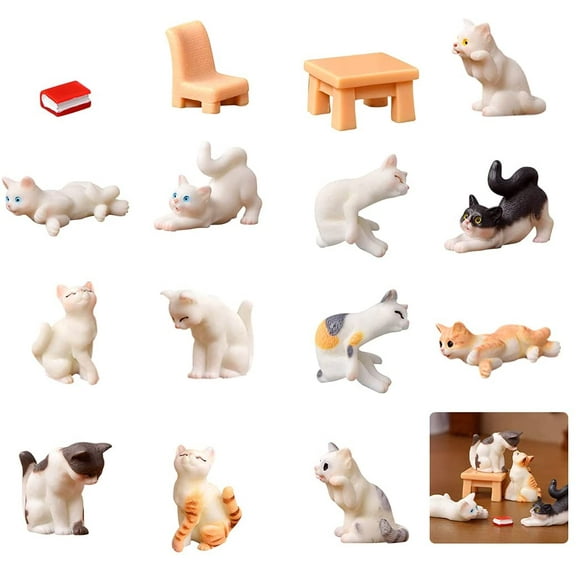15PCS Miniature Cat Figurines Resin Landscape Decoration Mini Animals Miniature Figurines Fairy Garden Accessories for Desk Micro Landscape Plant Pot Bonsai Craft Decor