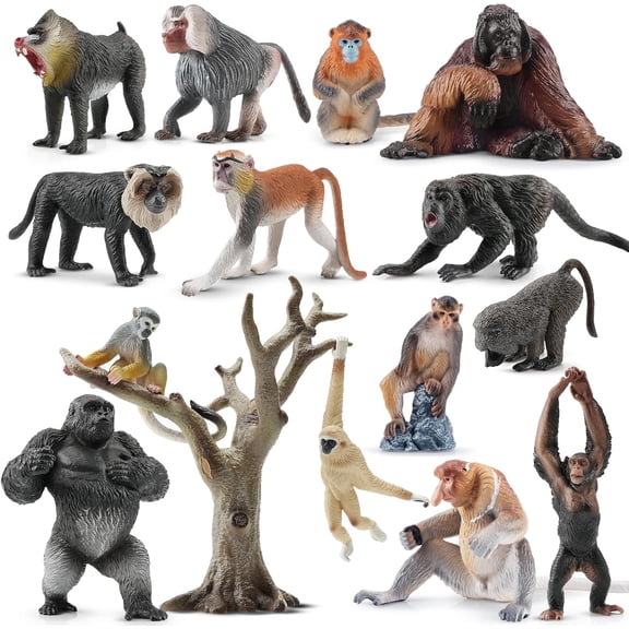 15PCS Monkey Primates Figurines, Plastic Jungle Animals Set Included Tree Monkey Ape Tree Chimpanzee Gorilla Orangutan Toys for Kid Todllers
