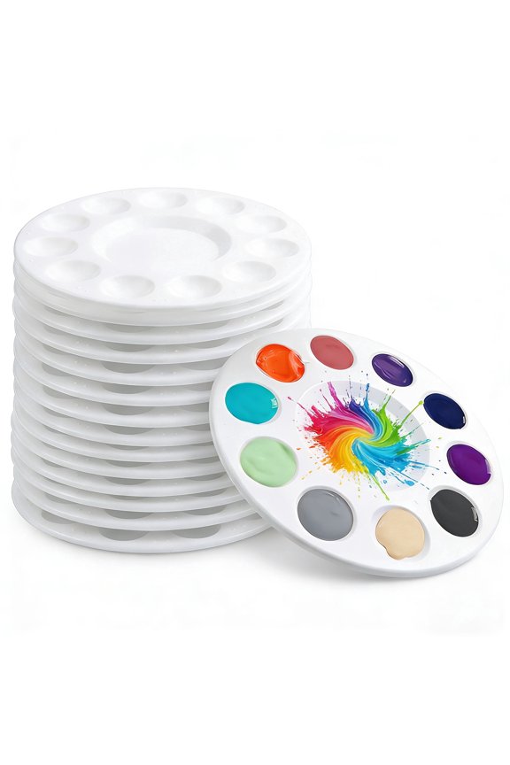 Paint Palette, 15 Pcs Round 11-Well Palette, Washable White Pigment Tray, Suitable for Gouache, Watercolor, Acrylic, and Oil Paint Mixing.