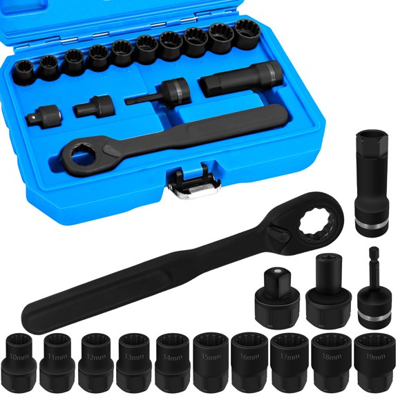 15PCS Pass Through Socket Set, Metric Impact Socket Set, Sockets, Bits, Accessories and 3/8-Inch Drive Adapter Master Socket Kit, Go Through Reversing Ratchet, Extension bar Deep Socket Wrench