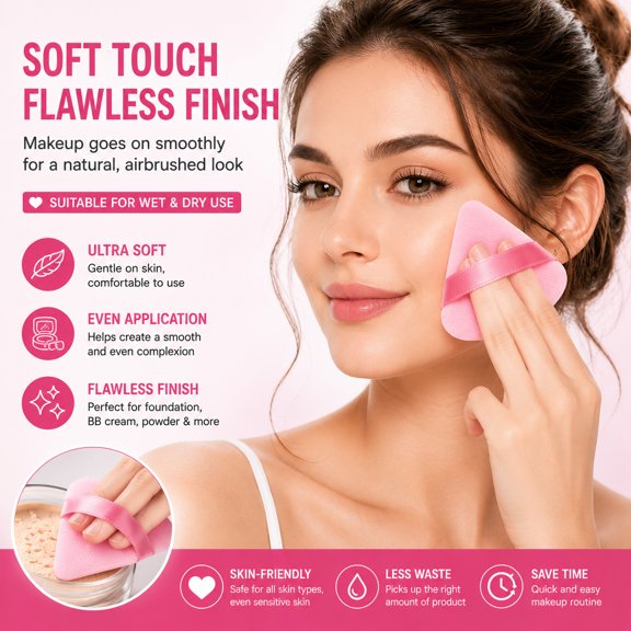 15PCS Pink Triangle Powder Puff Set, Soft Velour Makeup Puffs with Finger Strap, Reusable Face Powder Applicator for Loose Powder, Foundation, Setting Powder and Makeup Blending