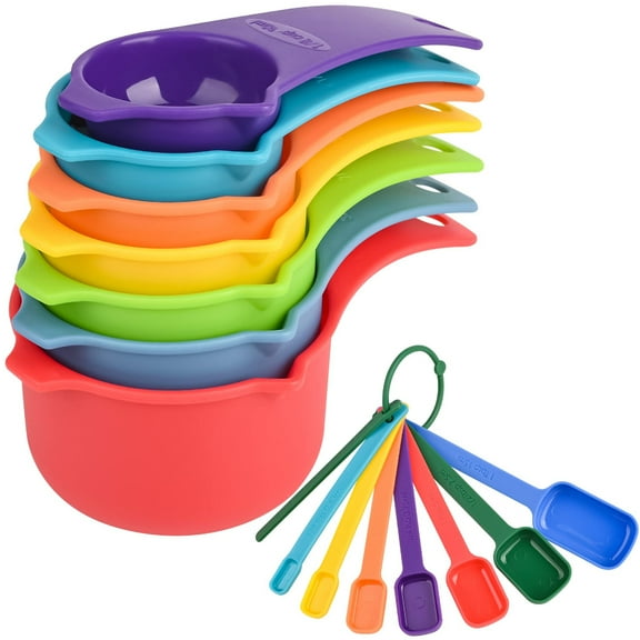 15PCS Plastic Measuring Cups and Spoons Set , Cute Color Measuring Spoons and Cups for Baking & Kitchen, Rainbow Color Measuring Tools