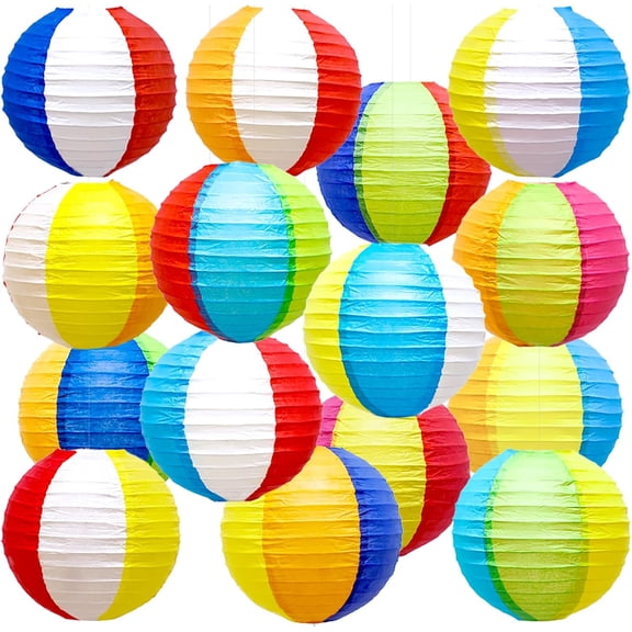 15PCS Pool Party Decorations - Beach Ball Paper Lanterns, Summer Hanging Decor for Home, Luau Hawaiian Tropical Themed Outdoor Birthday Party
