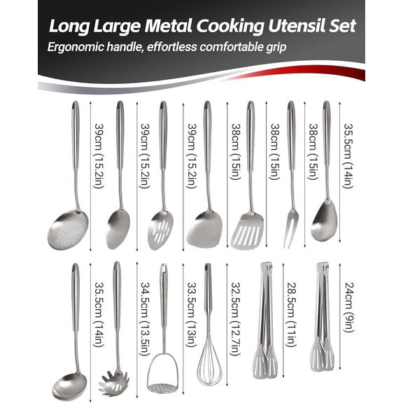 15PCS Premium Stainless Steel Cooking Utensils Set - Heavy Duty Metal Kitchen Tools with Ergonomic Handles for Home & Professional Chefs
