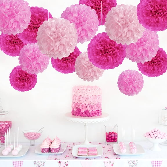 15PCS Rose Red and Pink White Paper Flowers Decorations for Pink Party Wedding Mother's Day Birthday Party Ceiling Wall Hanging Tissue Pom Poms