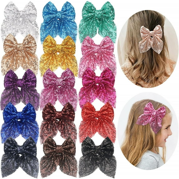 15PCS Sparkly Glitter Sequin Hair Bows for Girls Toddlers Kids Children Teenage