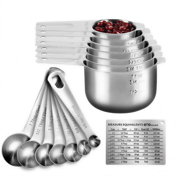 15PCS Stainless Steel Measuring Cups and Spoons Set Heavy Duty Metal Measuring Set with Conversion Chart Nesting Stackable for Baking Cooking