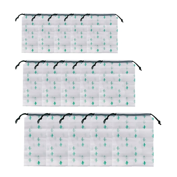 15PCS Transparent Frosted Waterproof Storage Bag Cactus Printing Drawstring Pouch for Outdoor Travel (Size S, Size M, Size L, Each Size 5PCS)