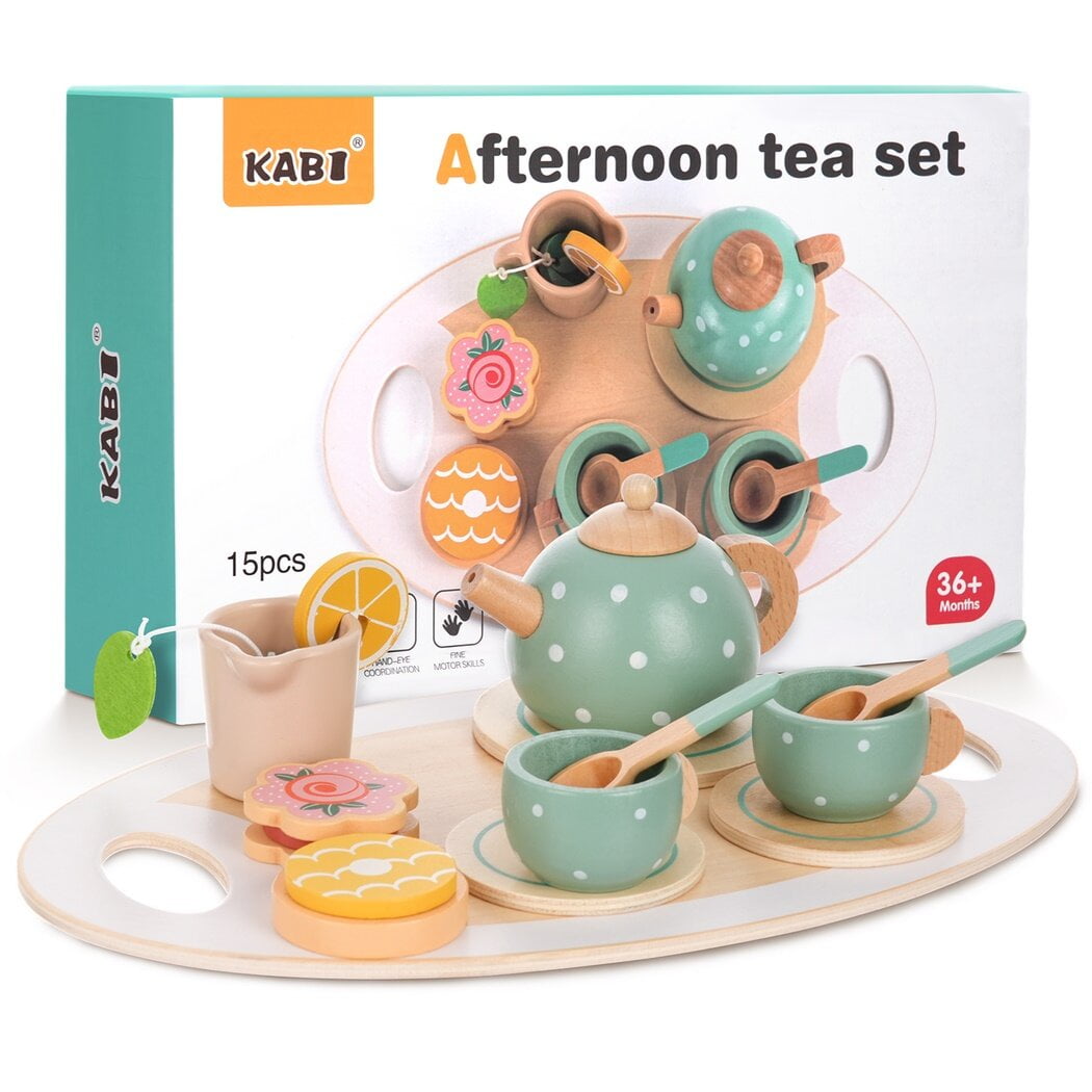 15PCS Wooden Tea Set for Little Girls Boys, Hand Exercise Toys Wood Set