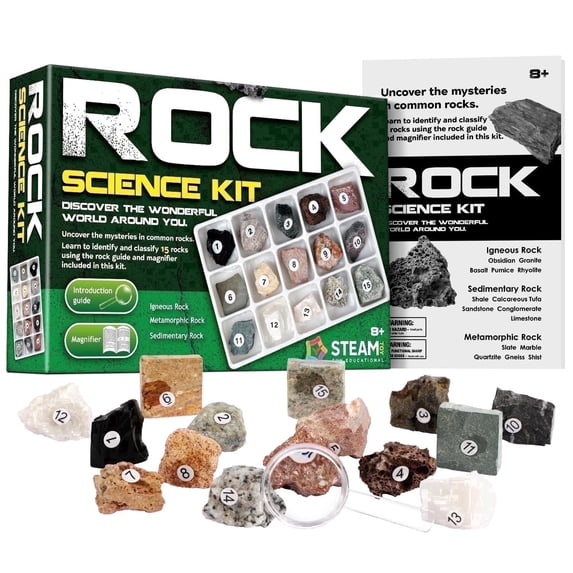 Rockin' Collection 15-Piece Rock Specimen Science Kit - STEM Geology Set for Kids Ages 8+ with Magnifying Glass, Identification Guide & Storage Tray, Educational Earth Science Toy Gift