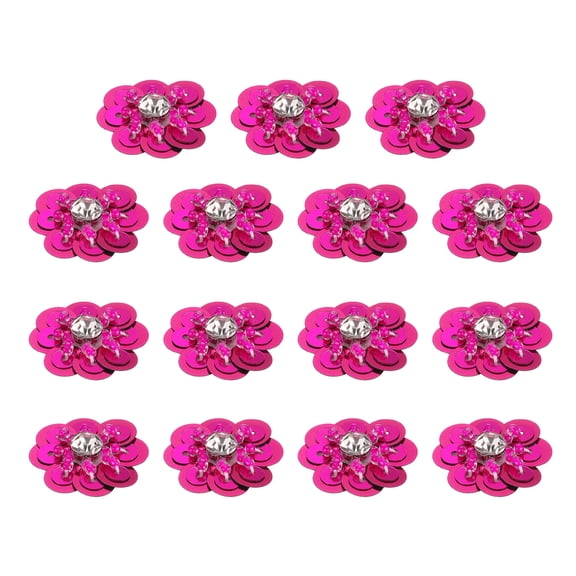 15Pack Sequin Beaded Flowers Patches, Paillette Crystal Applique, Rose Red