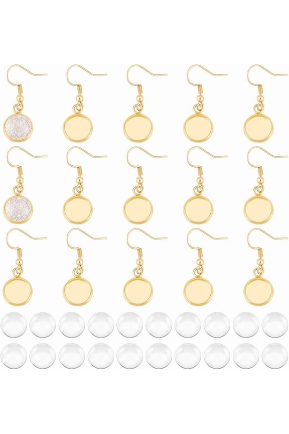 15Pairs Stainless Steel Flat Round Bezel Dangle Earring Making Kits Gold Blank Dome Dangle Earrings Transparent Glass Cabochon Settings Ear Hooks with Glass Cabochon