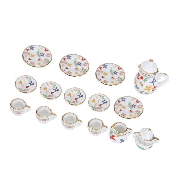 15Pc Flower Pattern Minis Teapot Cup Plate Dollhouses Kitchen Accessories 1:12 Dollhouses Miniature Porcelain Teacup Set