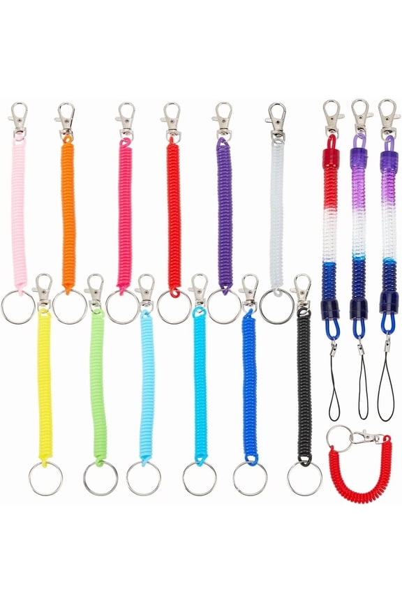 15Pcs 13 Style Plastic Spiral Retractable Spring Coil Keychain Theftproof Anti-lost Stretch Cord Safety Key Ring with Metal Lobster Clasp Mixed Color 17~24x1cm