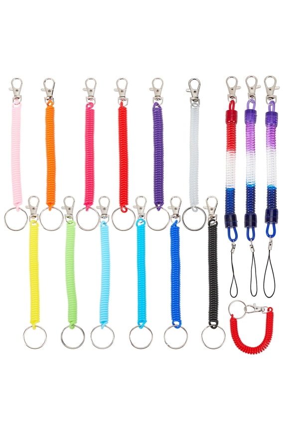 15Pcs 13 Style Plastic Spiral Retractable Spring Coil Keychain Theftproof Anti-lost Stretch Cord Safety Key Ring with Metal Lobster Clasp