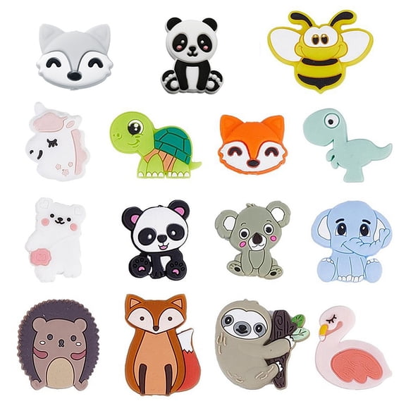 15Pcs 15 Style Food Grade Eco-Friendly Silicone Focal Beads Flamingo Panda Cat Hedgehog Mixed Color 20-35x20-34x5-10.5mm Hole: 2-3.5mm 1pc/style