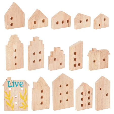 15Pcs 15 Style Unfinished Wood Tray House Shape PapayaWhip 4.1~10.45x3.3~7.35x1.2cm 1pc/style