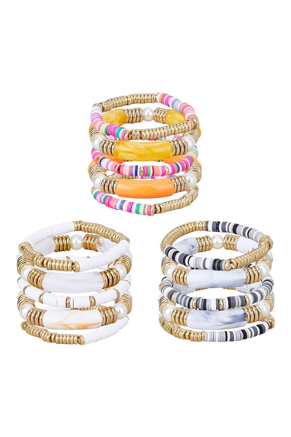 15Pcs 15 Styles Colorful Tube Bracelets Bamboo Bangle Bracelet Chunky Stackable Stretch Clay Beaded Bracelet Rainbow Polymer Clay Boho Bracelet