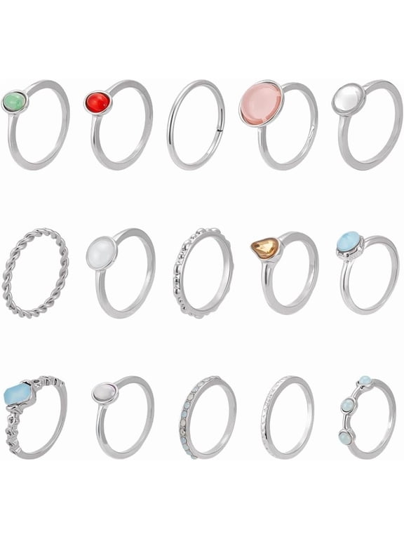 15Pcs 15 Styles Finger Rings Sets Star Moon Knuckle Ring Set Vintage Stackable Finger Rings Bulk Irregular Gemstone Ring Set for Women Silver