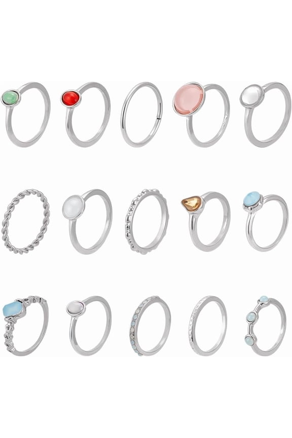 15Pcs 15 Styles Finger Rings Sets Star Moon Knuckle Ring Set Vintage Stackable Finger Rings Bulk Irregular Gemstone Ring Set