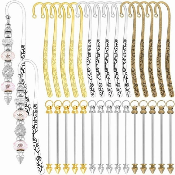 15Pcs 3 Colors Beadable Bookmarks DIY Metal Blank Bar Bookmark Hairpin Hook Bookmarks with 15Pcs Beadable Keychain Bar for Student Teacher Office Supplies Book Lovers