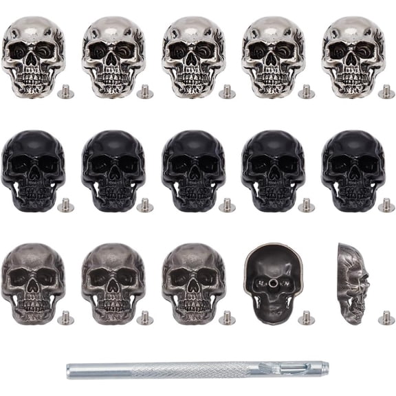 15Pcs 3 Colors Rivets Studs for Clothing Rivets Buttons Stud Goth Mental Conchos Pins Gothic Style Skulls Head Button 3D Pins