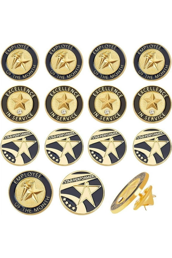 15Pcs 3 Style Employee of The Month Lapel Pin 20.5mm Encouraging Word Brooches Alloy Enamel Star Brooches Pins Gold Black Brooch Pins Being Jewelry