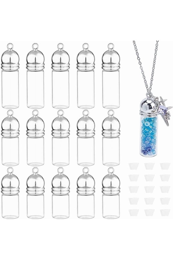 15Pcs 3 Styles Vial Pendant Openable Perfume Bottle Refillable Bottles Wish Bottles Glass Bottle Pendants Screw Cap Bottles for Pendant Arts Crafts Wedding Party Favors Silver DIY