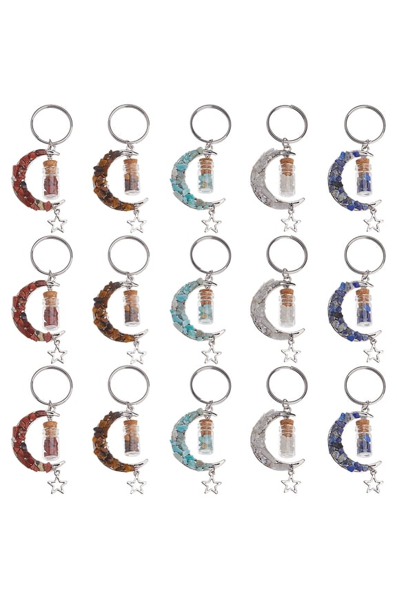 15Pcs 5 Styles Gemstone Moon Keychains Crescent Moon Charm Keychain Chips Moon Pendant with Glass Wish Jar and Star Stone Key Chain DIY