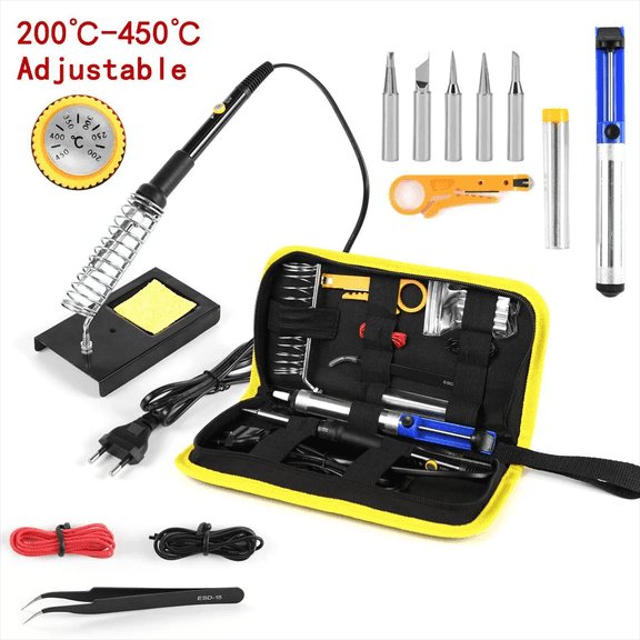 15Pcs 60W Electric Soldering Iron Kit, 220V EU Plug Adjustable Temperature 200-450°C Welding Tool Set with Desoldering Pump & Solder Wire for PCB Electronics DIY Circuit Repair Projects