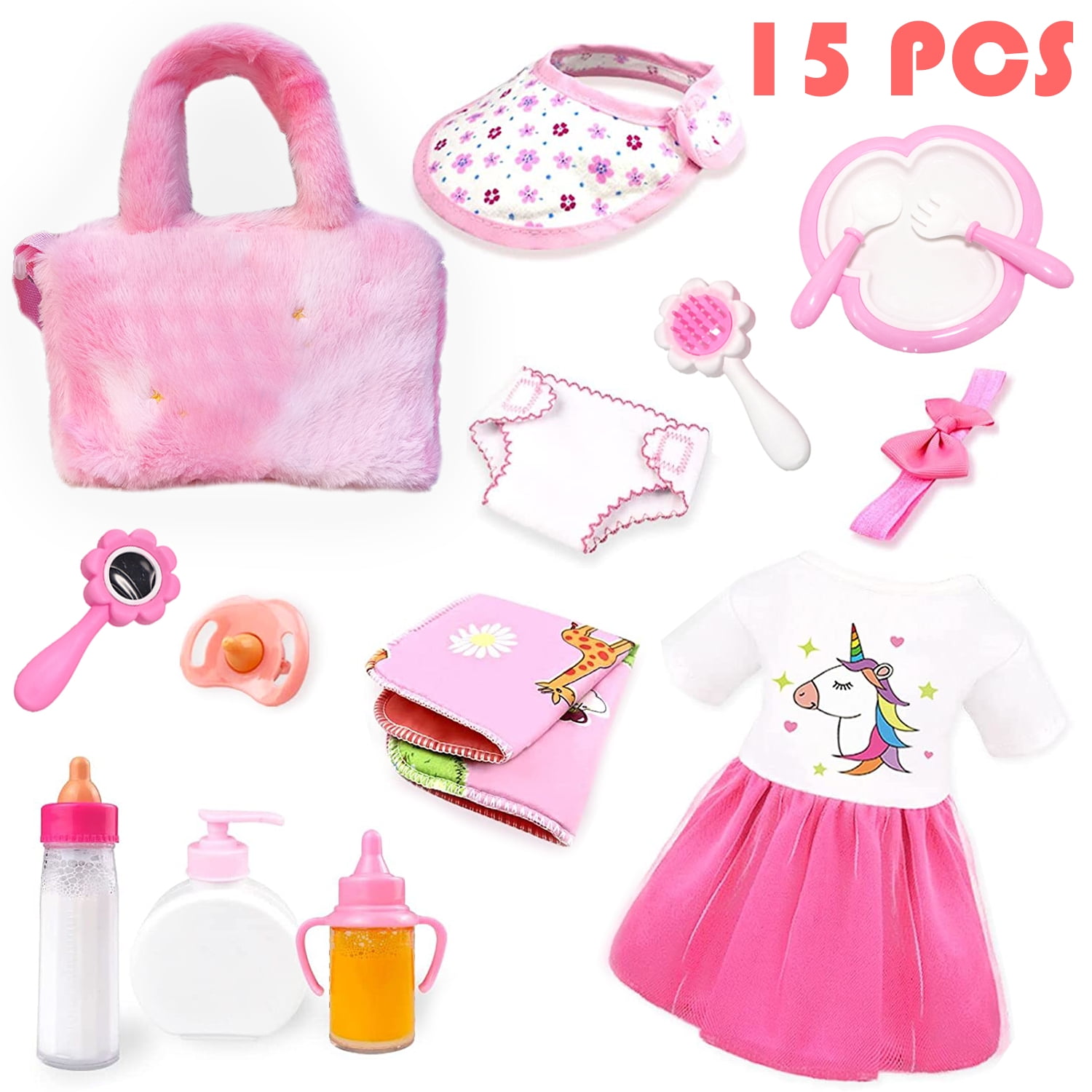 15Pcs Baby Doll Accessories, Baby Doll Feeding and Caring Set, Baby Pretend  Play Set Fit 14-16 inch Doll and 18 inch Doll, Toys for Kids Girls 3-6