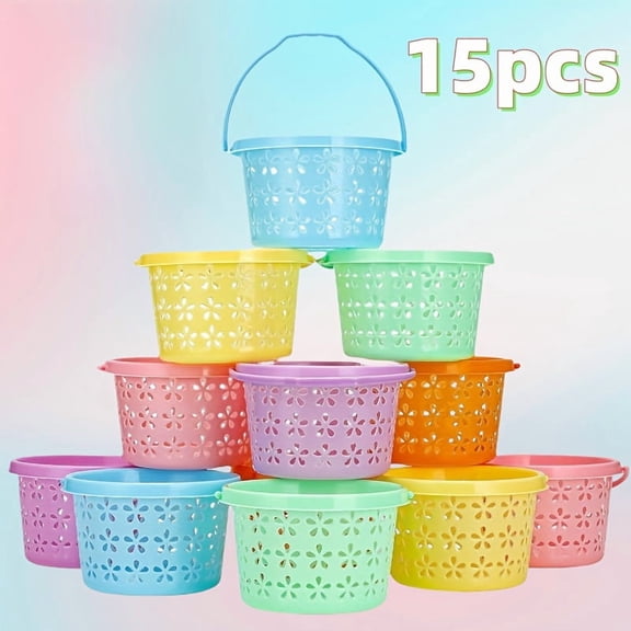 15Pcs Bohemian Flower Cutout Plastic Easter Baskets, Multi Color Reusable Buckets for Egg Hunt Candy Fill, Spring Party Decor, Easter Basket Stuffers